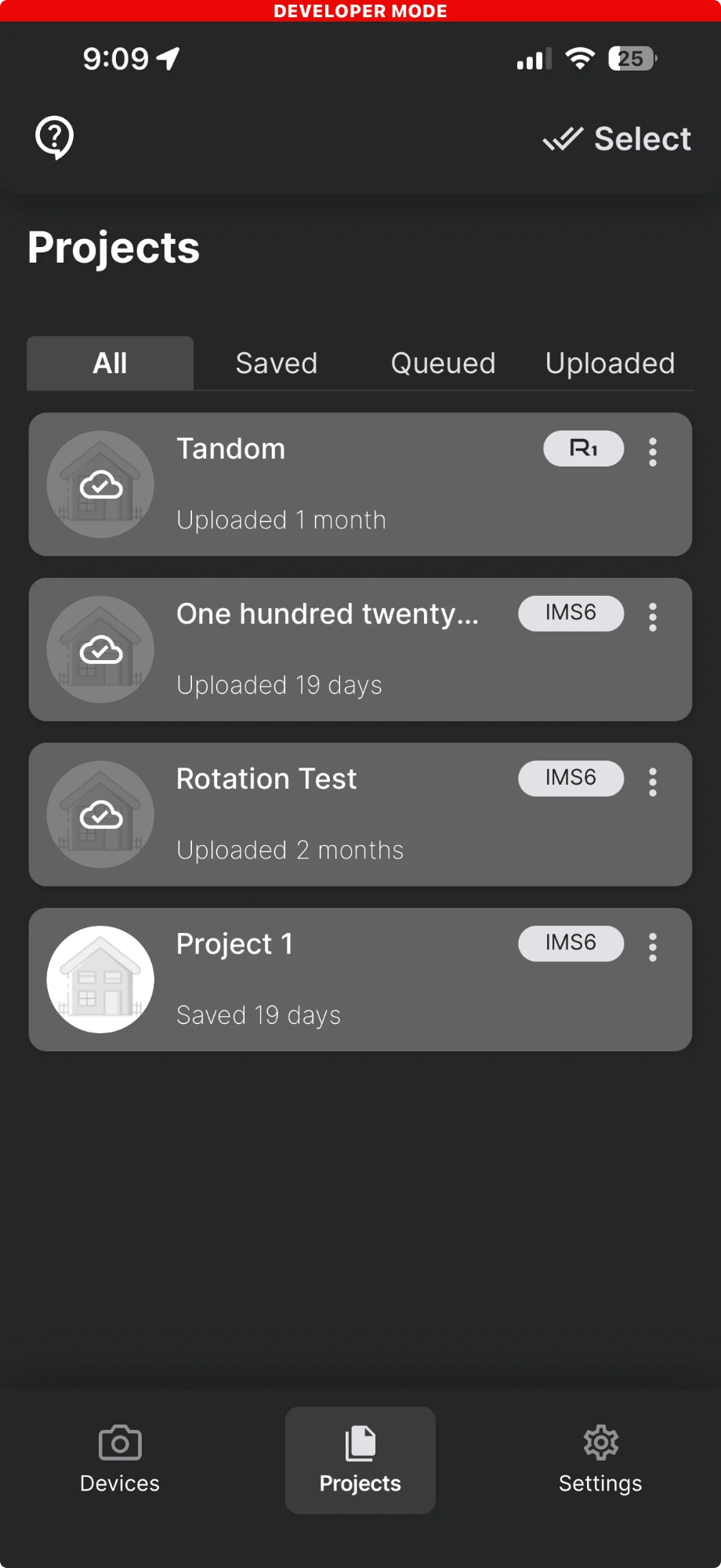 Projects: saved, queued, and uploaded