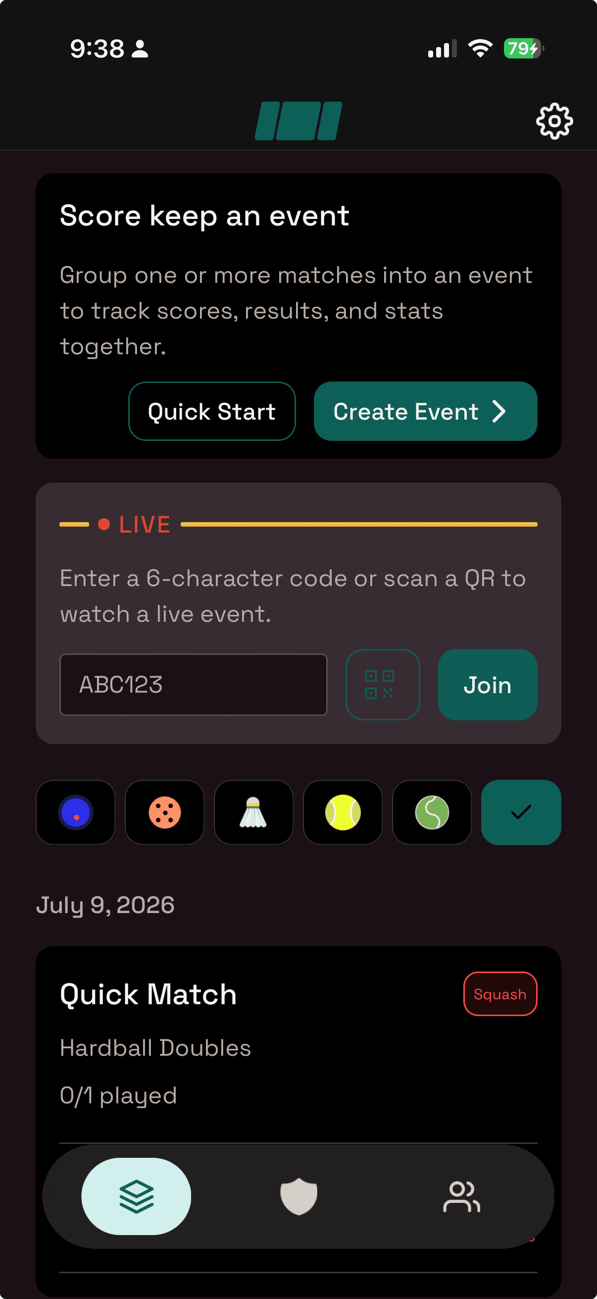 Home: score an event or join one with a code