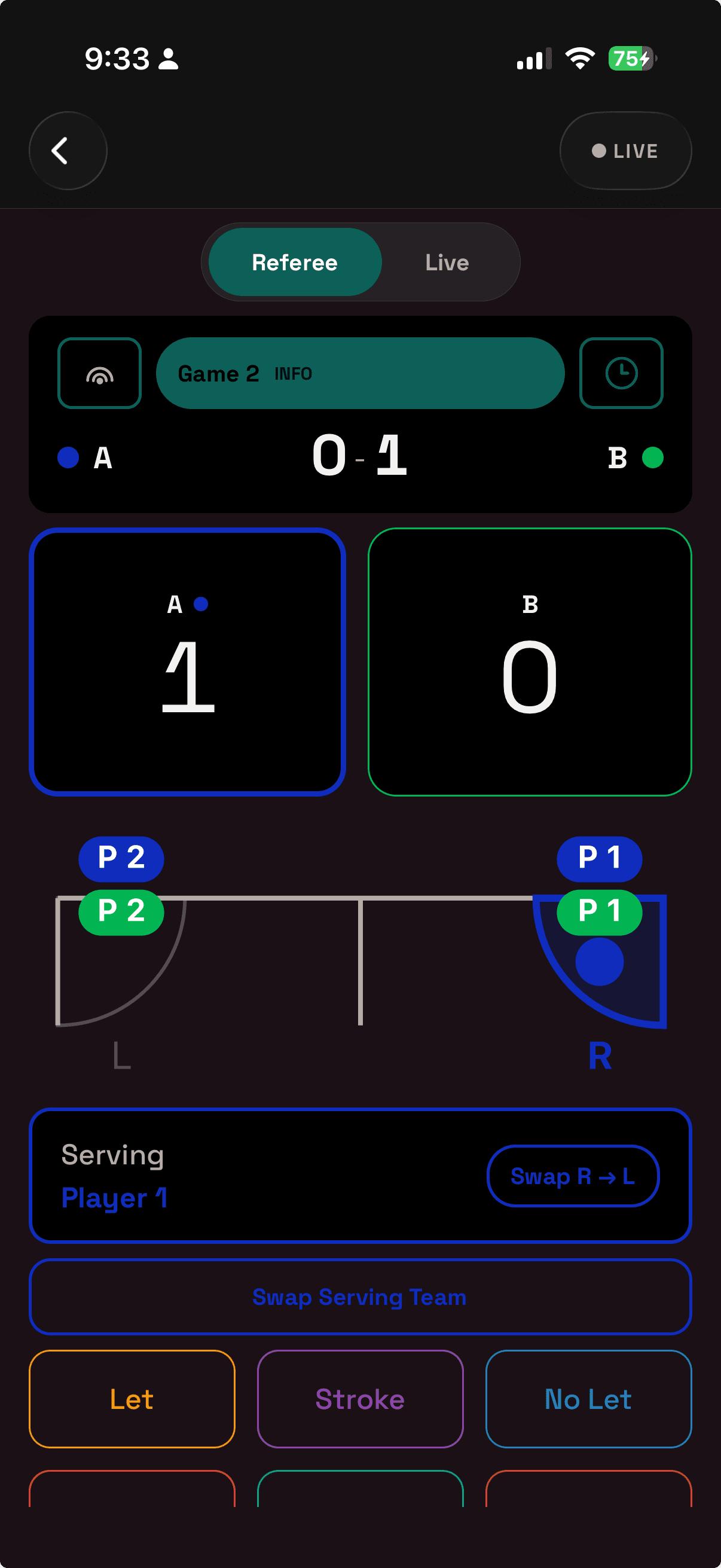 Referee mode in portrait, with the court diagram
